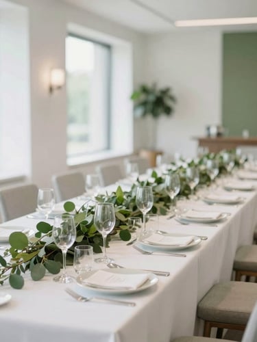 Bright modern corporate banquet hall, beautifully decorated long dining table with white linens and green foliage, soft natural light