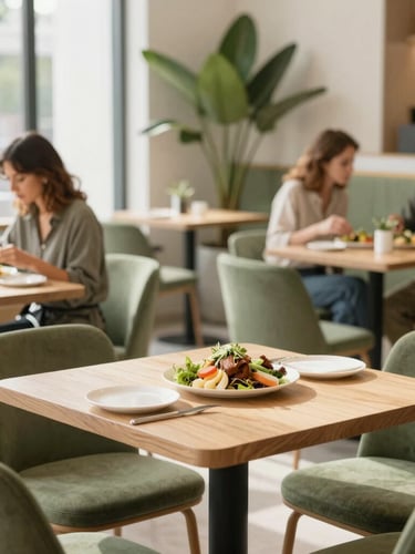 Bright modern cafeteria interior filled with natural light, minimalist wooden tables, olive green plants, employees enjoying fresh meals, elegant editorial photography
