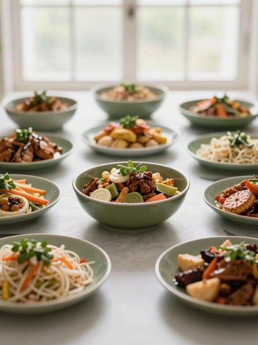 Overhead flat-lay of beautifully arranged Indian corporate buffet dishes, soft natural window light, olive green accents, bright airy mood, shallow depth of field