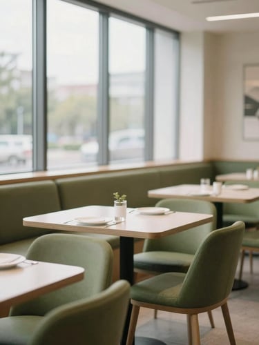 Elegant corporate cafeteria dining space, soft natural window light, olive green accents, minimal modern furniture, bright airy mood, shallow depth of field