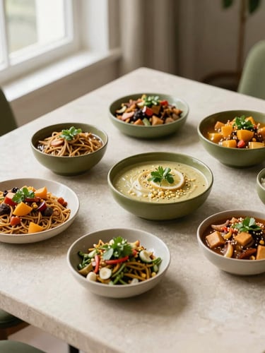 Overhead flat-lay of beautifully arranged artisanal Indian dishes on a light stone table, soft natural window light, subtle olive green accents, elegant editorial food photography