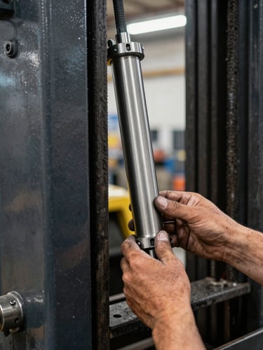 Macro close-up of a technician's grease-stained hands installing a hydraulic cylinder on a heavy forklift mast, high-contrast industrial lighting, 35mm.