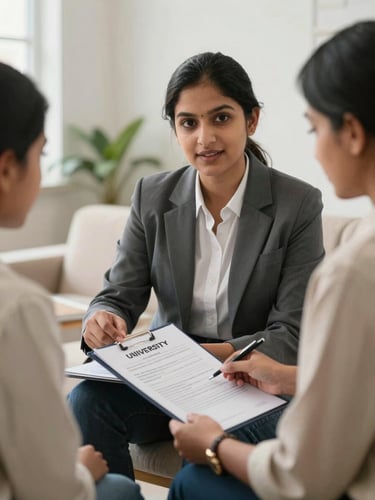 A professional counselor in a bright office explaining a university choice-filling document to an Indian student and parent, warm natural light, medium shot.