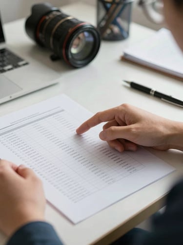A close-up of a student in a professional office pointing at a printed seat matrix document on a desk, soft daylight