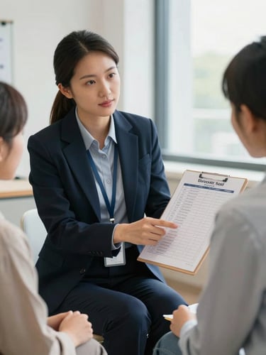 Medium shot of a professional academic counselor in a bright office explaining a university seat matrix chart to an attentive student and parent, natural daylight, professional atmosphere