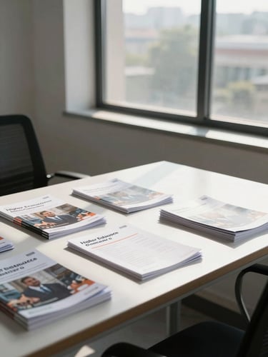 A clean, bright professional office in Bengaluru with a counseling table, dynamic sunlight streaming through a window, and neatly arranged higher education brochures.