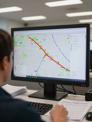 Wide shot looking over a dispatcher's shoulder at a large wall-mounted monitor displaying a route map with flagged segments, naturalistic fluorescent office light, stacks of printed manifest sheets visible on the desk edge, framing tight on the screen and the dispatcher's hand pointing at a flagged route node