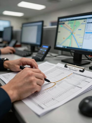 Tight close-up of a dispatcher's hands tracing a route on a printed load manifest spread across a metal desk, a GPS dashboard screen glowing in the background, practical overhead fluorescent light in an active dispatch office