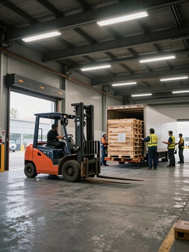 Wide shot of an active loading dock interior during peak hours, a forklift moving a pallet in the mid-ground, dock workers coordinating a trailer load sequence, practical warehouse fluorescent overhead lighting, no posed subjects