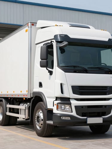Crisp commercial photography of a modern heavy-duty commercial truck parked outside a professional facility in clean daylight, sharp focus, 35mm