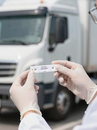 Close-up of a professional certified collector in a clean clinical setting holding a secure drug testing kit, bright neutral daylight, high contrast