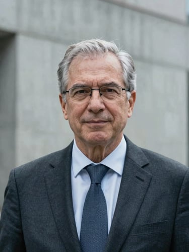 Candid portrait of a senior executive in deep focus, cool overcast daylight, architectural concrete background, professional and sober.