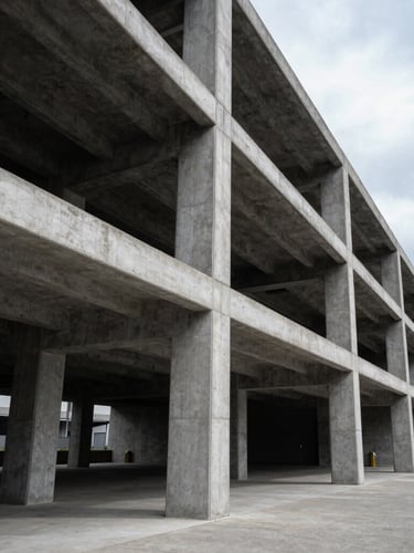 Extreme wide-angle architectural shot of modern industrial concrete and steel structure, overcast cool daylight, sharp perspective shadows