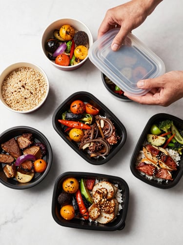 Overhead study of a meal prep spread on a white marble surface — portioned bowls of grains, roasted vegetables and protein, hands adjusting a container lid, studio overhead lighting, clean and intentional, no text or labels visible