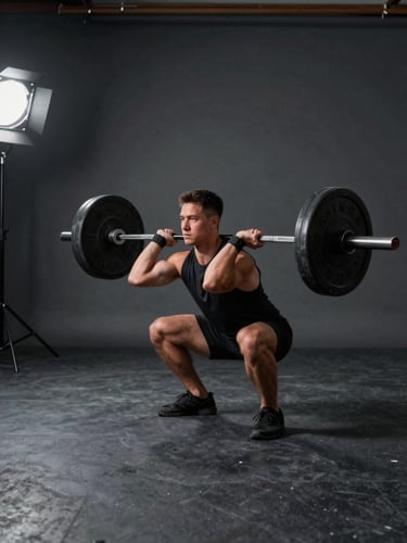 Wide studio frame, athlete in a deep front-rack squat position, barbell loaded, charcoal gym floor, soft directional strobe light from the upper left, strong form detail visible — elbows high, braced torso — generous dark negative space to the left, NZ studio environment