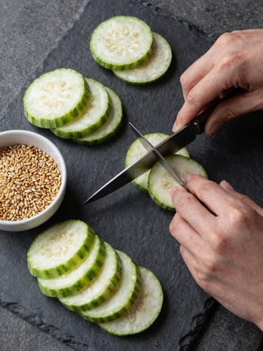 Overhead study of ingredients being prepared on a dark slate surface — sliced vegetables, a small bowl of grains, hands chopping, north-facing natural daylight, clean and intentional composition