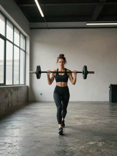 Wide environmental shot inside a sparse functional training space, a woman mid-farmer-carry position walking toward camera, loaded handles in each hand, natural north-facing daylight through a side window, clean concrete floor, no clutter