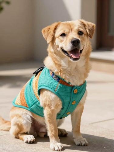 Warm editorial pet photography, natural bright daylight, a happy dog wearing a perfectly fitted colorful hand-woven vest, sitting comfortably on a sunny patio, shallow depth of field, 35mm