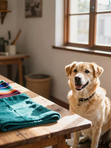 Candid photo of a family workshop in Celaya, warm sunlight streaming through a window, colorful Mexican fabrics on a wooden table, a happy dog sitting nearby, 35mm shallow depth of field