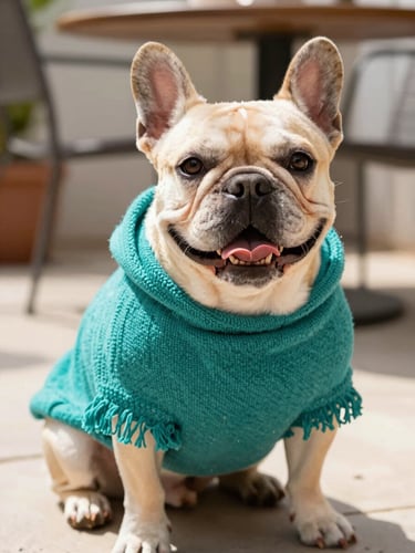 Eye-level portrait of a happy French bulldog wearing a vibrant hand-woven teal poncho, sitting on a sunny patio, warm bright daylight, shallow depth of field