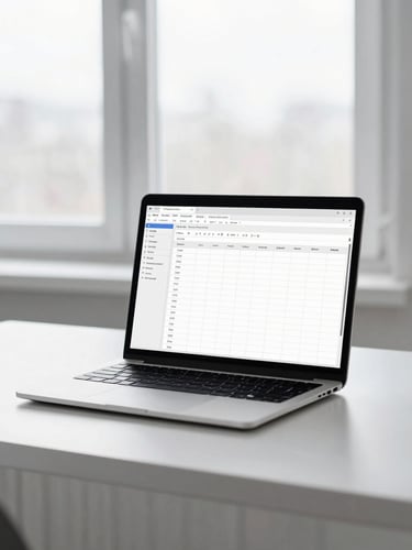 Clean editorial portrait of a minimalist home office desk in Joensuu, a laptop showing a clean spreadsheet, bright natural overcast daylight, cool Nordic tones, 35mm.