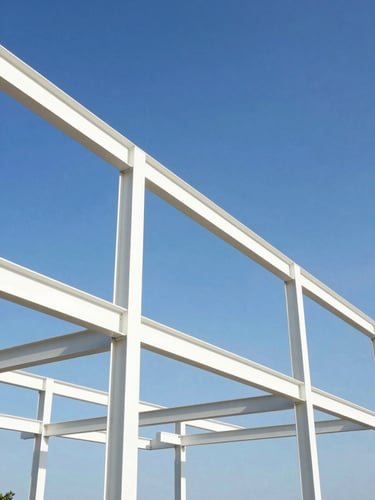 Wide-angle architectural perspective of structural steel framework against a bright blue Florida sky, high-key natural daylight, sharp focus