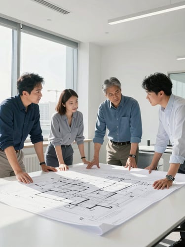 Bright modern office environment with project managers discussing architectural blueprints around a large white table, natural daylight pouring in through windows