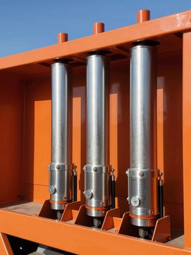 Close-up of a heavy-duty truck hydraulic lift mechanism gleaming in the intense desert sun, safety orange frame, high-contrast metallic textures