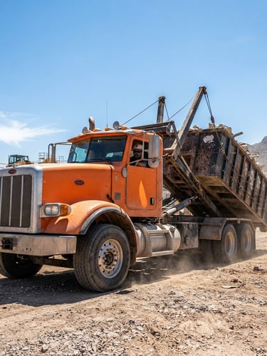 Low-angle heroic shot of a safety-orange roll-off dumpster truck operating under harsh midday Arizona sun, metallic textures, dust, industrial commercial photography