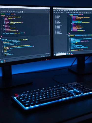 Sleek dark-mode technology photography of a high-end developer workspace, glowing mechanical keyboard, dual monitors displaying code in deep shadows with electric blue rim lighting, macro lens, 35mm
