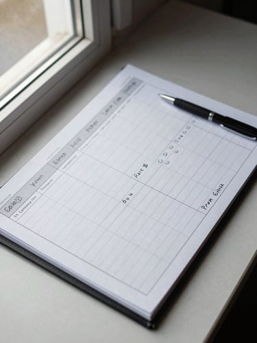 Overhead close-up of a scheduling board on a table, hand-written job routes and crew names visible, a pen resting beside it, natural window light from the left, neutral surface beneath — documentary, no people in frame