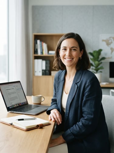 A professional, warm portrait of a female translator in a bright, modern studio, soft natural daylight, cool neutral tones, minimalist composition.