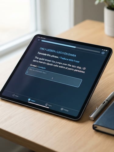 Bilingual text interface on a modern tablet screen, clean editorial photography, soft natural daylight, cool blue and neutral tones, minimalist composition