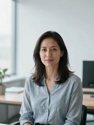 A professional, warm portrait of a female linguist in a bright, minimalist office space, soft natural daylight, cool neutral tones, sharp focus