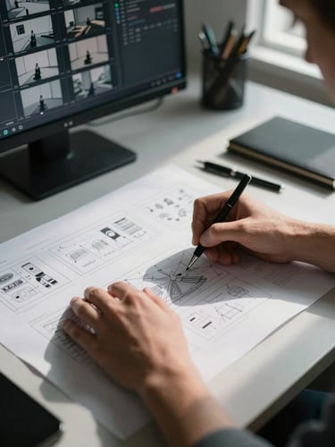 Tight overhead shot of a designer's hands annotating a printed storyboard frame spread across a studio desk, a monitor glowing with layered composition stages visible in the background, cool daylight from a side window casting sharp shadows across the paper surface, high contrast, no soft diffusion