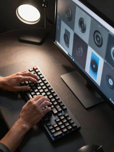 Overhead tight shot of a designer's hands on a mechanical keyboard, a large monitor to the right displaying layered composition frames in cool gray and blue, studio tungsten light raking across the desk surface, high contrast