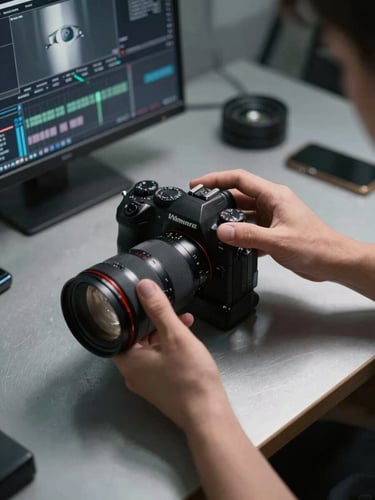 Tight overhead shot of hands adjusting a camera lens on a production table, studio tungsten light casting hard shadows on the metal surface, a monitor in the background showing a half-graded frame, cool gray tones
