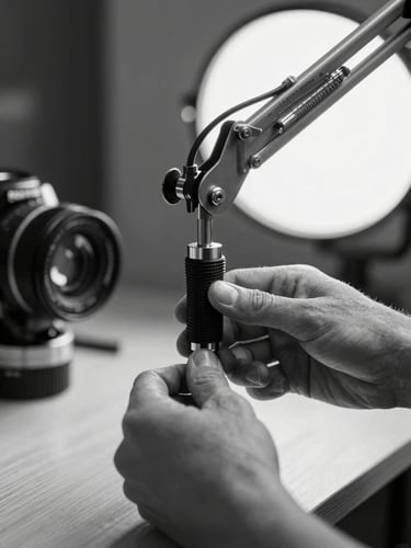 Close-up of a studio set being rigged — a clamp light arm over a product surface, hands tightening a grip, tool textures sharp under tungsten, background out of focus, high contrast monochromatic