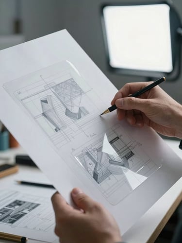 Close-up portrait frame of a designer's hand holding a printed comp sheet against a studio lightboard, layered transparent acetate sheets visible beneath, fine annotation marks in pencil, cool daylight, high contrast, tight detail of craft process
