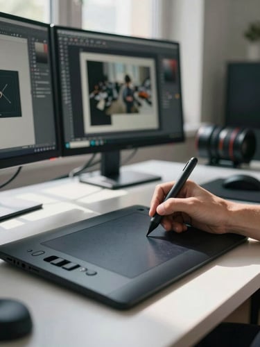 Tight portrait-orientation shot from the right side of a studio desk — a hand operating a stylus over a drawing tablet, the monitor in soft focus behind showing a multi-layer composition, cool daylight from a high window casting hard shadow lines across the surface, film-grain texture visible