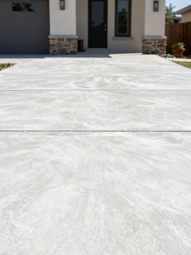 Low-angle architectural shot of a newly poured, bright white concrete driveway with a clean broom finish, stretching towards a modern Lebanon home under clear daylight.