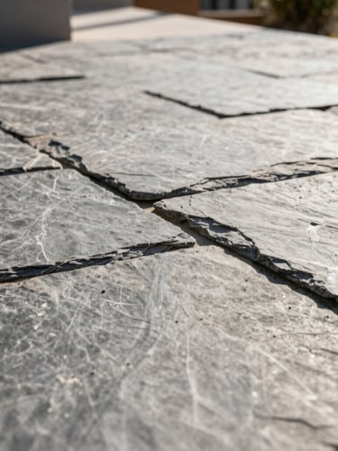 Low-angle architectural shot of a freshly poured stamped concrete patio with slate texture, warm sunlight casting sharp shadows, high contrast, crisp edges.