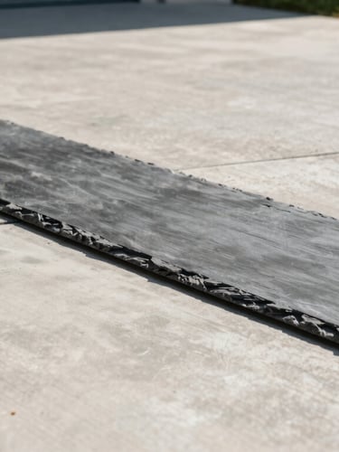 Sharp architectural photography of a freshly sealed concrete driveway, high-contrast sun and shadow showing clean brushed texture, bright natural daylight