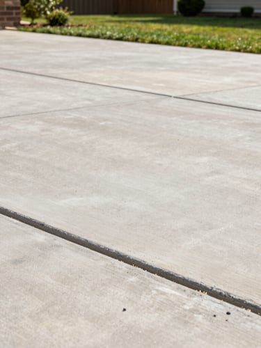 Low-angle architectural shot of a freshly poured brushed concrete driveway, crisp clean edges against a residential lawn in Lebanon, bright natural daylight