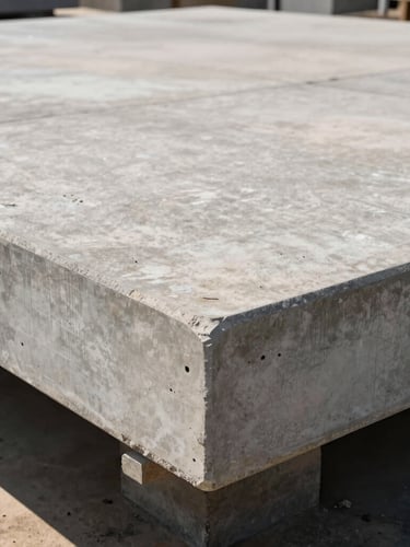 Low-angle architectural shot of a massive commercial concrete foundation slab, sharp brushed finish, high-contrast sun and shadow, deep depth of field.