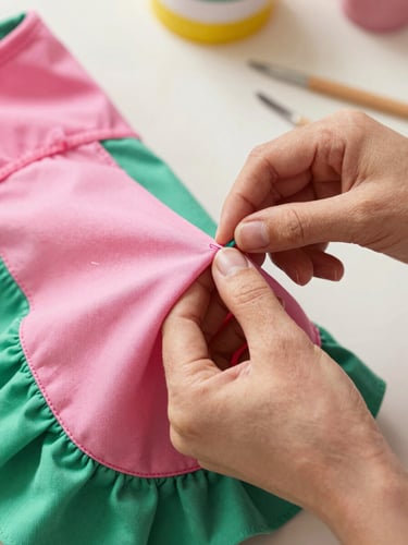 Close-up of artisan hands carefully stitching a colorful pink and green pet dress, soft fabric textures visible, warm natural light, cozy workshop setting in Celaya
