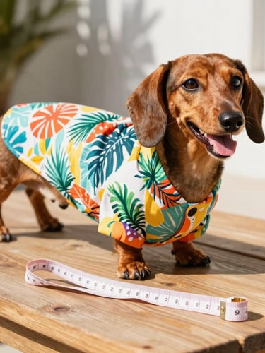 Candid eye-level shot of a happy Dachshund wearing a colorful handmade tropical shirt, standing next to a soft fabric measuring tape on a wooden table, bright natural daylight, shallow depth of field