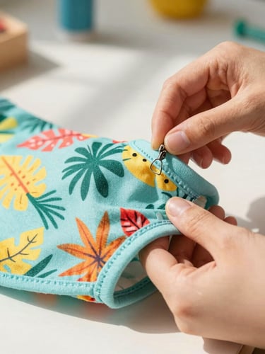 Close-up of hands sewing a tiny colorful tropical dog shirt in a sunny workshop, soft fabric textures visible, warm natural daylight, shallow depth of field, 35mm lens