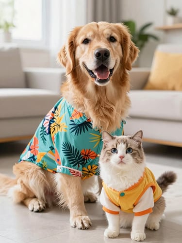 A happy golden retriever wearing a colorful tropical shirt and a fluffy cat wearing a tiny hoodie, playing together in a bright, sunlit living room, candid eye-level pet photography
