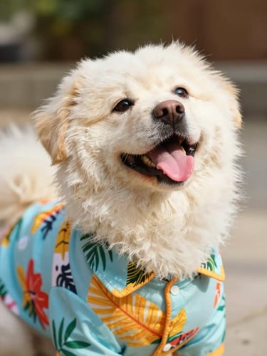 Close-up of a happy fluffy dog wearing a colorful tropical shirt, looking up with tongue out, warm natural daylight, shallow depth of field
